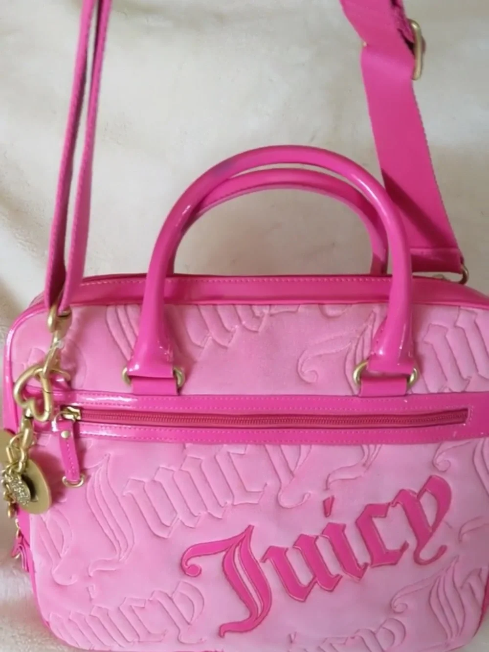Y2k Juicy Couture Hot Pink Embossed Laptop Bag with Gold Hardware